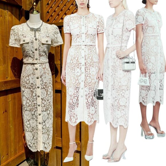 Self-Portrait Dresses & Skirts - 🆕 SELF-PORTRAIT 🧿 BNWOT Cream Lace Diamante Bow Midi Dress, Sz US 2 / UK 6